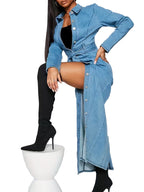 Damska Maxi Koszulowa Sukienka z Długim Rękawem