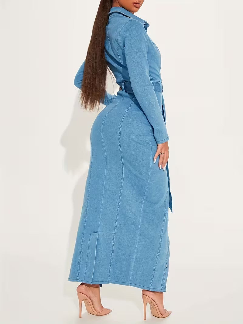 Damska Maxi Koszulowa Sukienka z Długim Rękawem