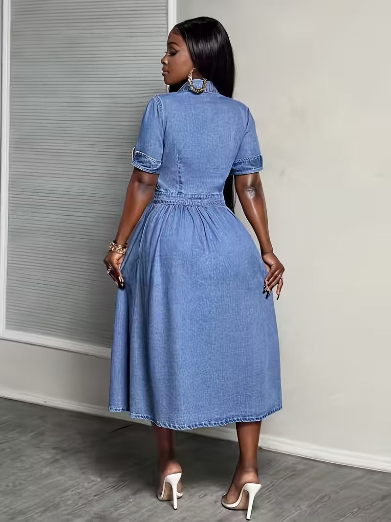Damska Sukienka Midi z Krótkim Rękawem