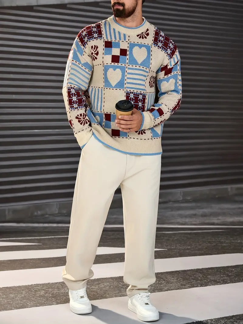 Męski Sweter z Okrągłym Dekoltem w Stylu Patchwork