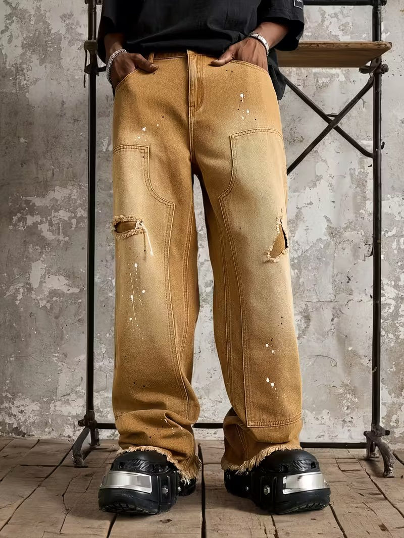 Męskie Spodnie z Szeroką Nogawką i Postrzępionym Dolem