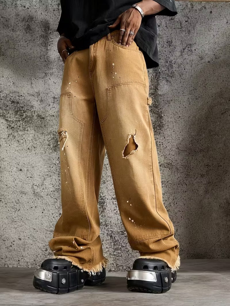 Męskie Spodnie z Szeroką Nogawką i Postrzępionym Dolem