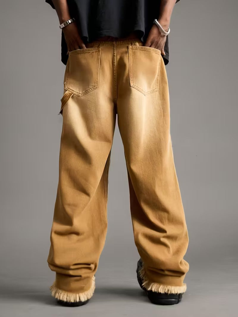 Męskie Spodnie z Szeroką Nogawką i Postrzępionym Dolem